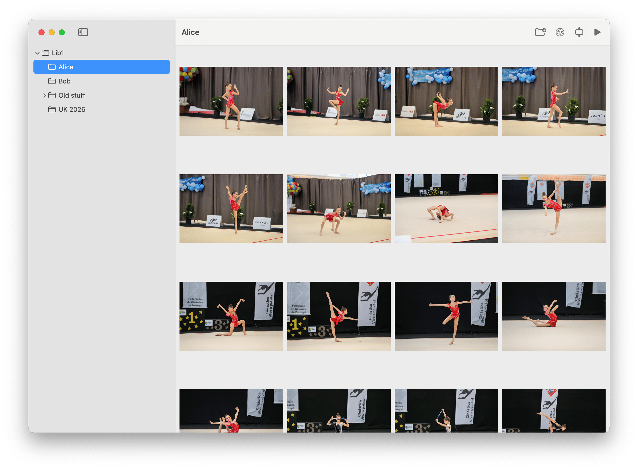 Photo Shelf browsing a folder of gymnastics competition photos