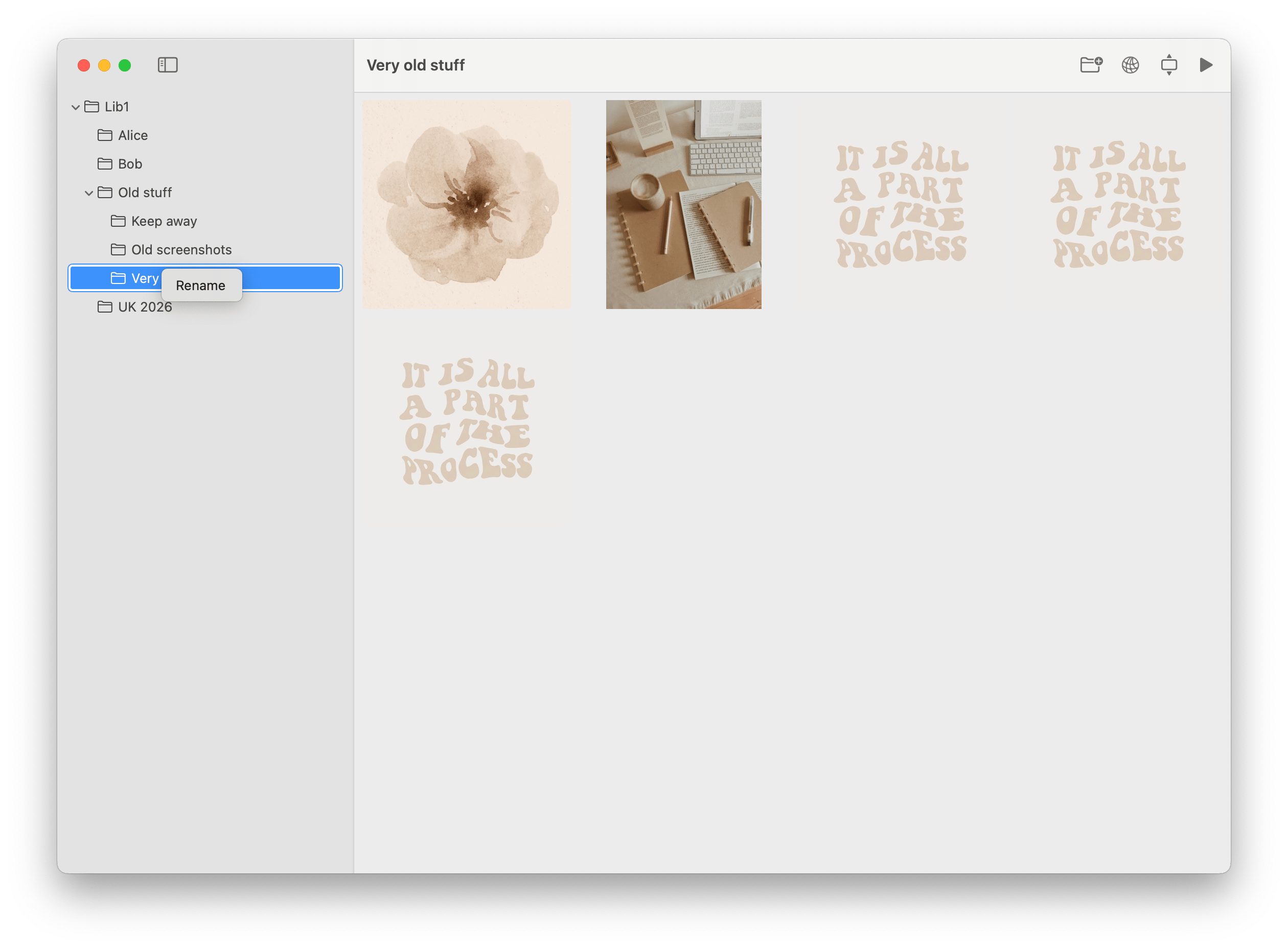 Folder rename interaction in the Photo Shelf sidebar