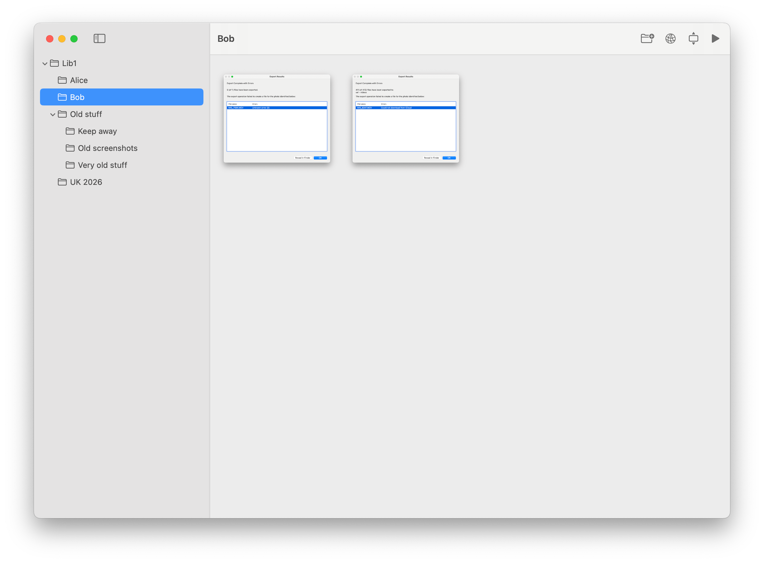 Photo Shelf browsing another folder with the toolbar actions visible